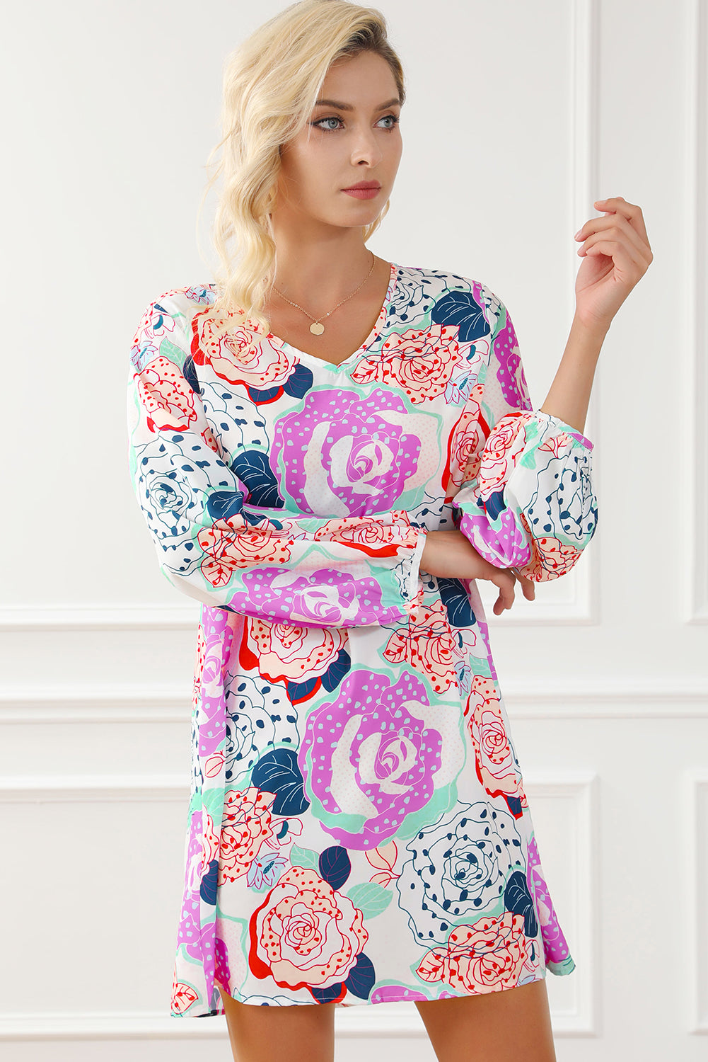 Bracelet Bubble Sleeve Blooming Flower Print Dress