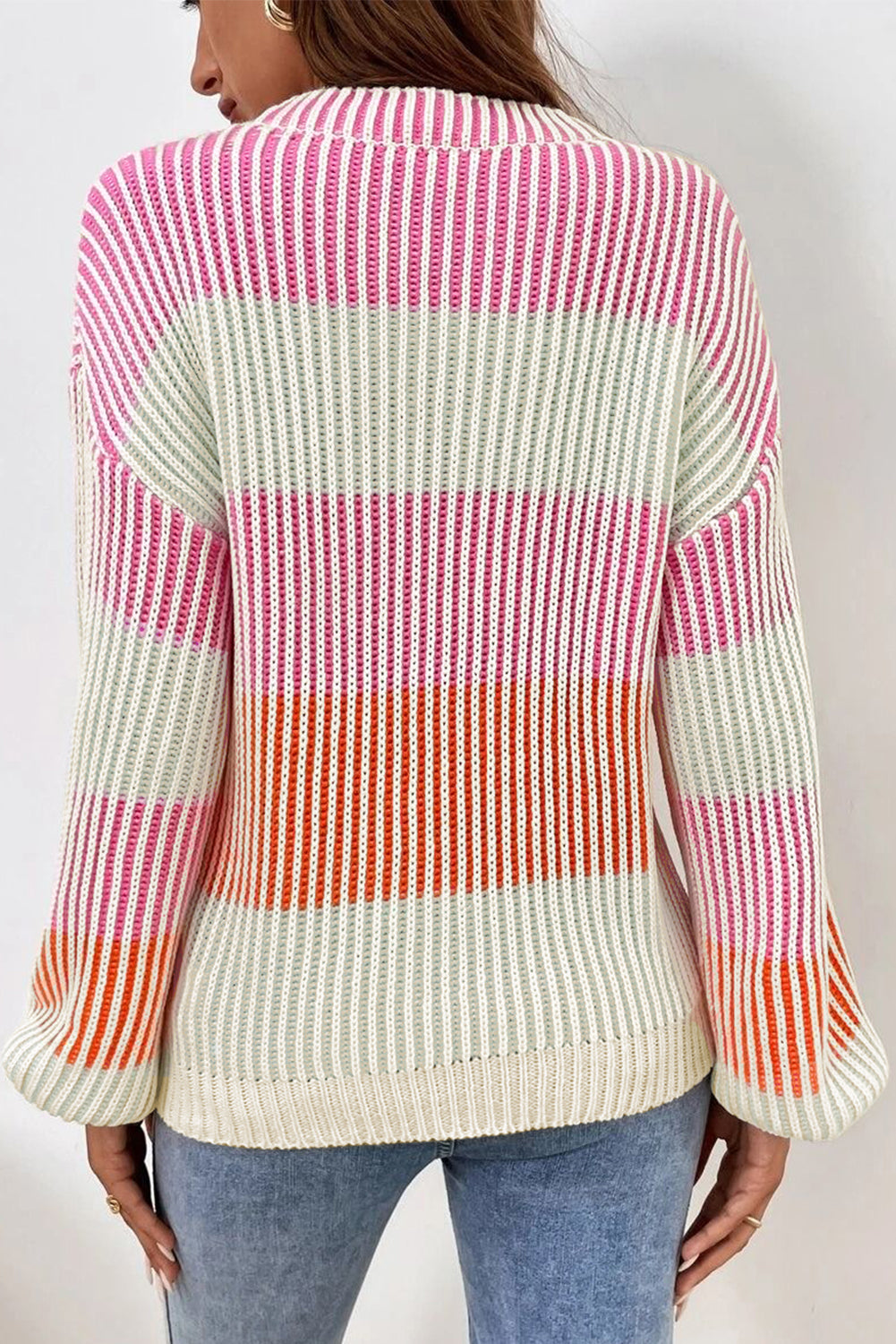 Colorblock Lantern Sleeve Rib Knitted Sweater