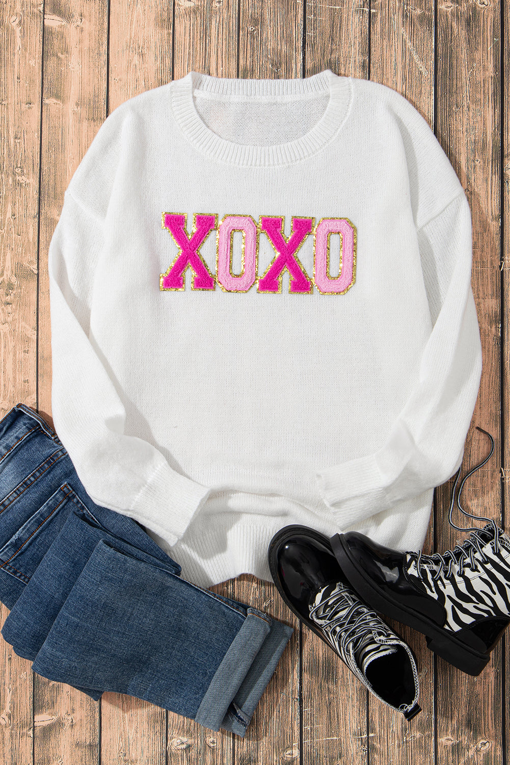 Pink Howdy Heart Graphic Round Neck Casual Sweater