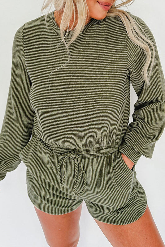 Jungle Green Corded Pullover Long Sleeve Drawstring Romper