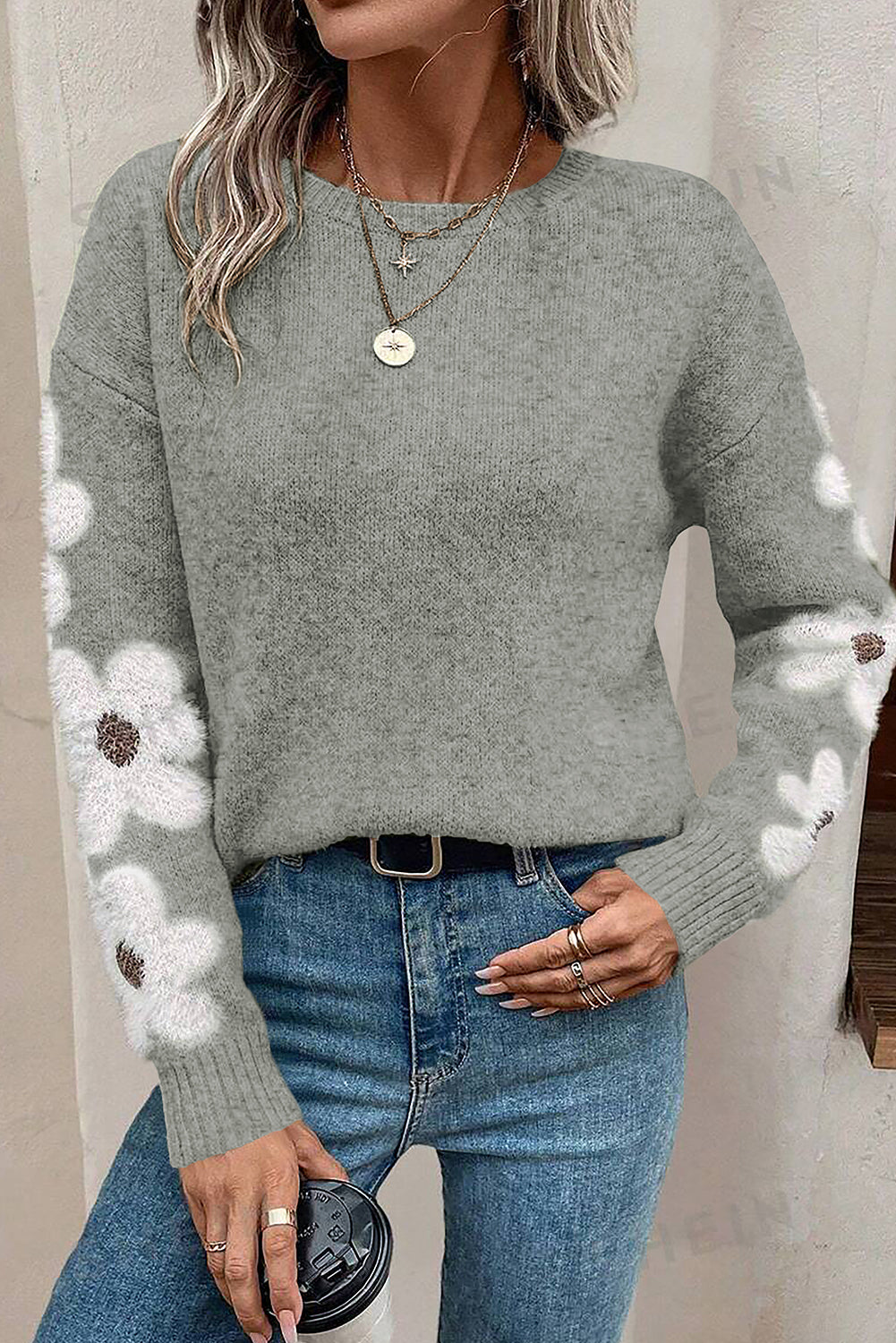 Flower Sleeve Drop Shoulder Sweater