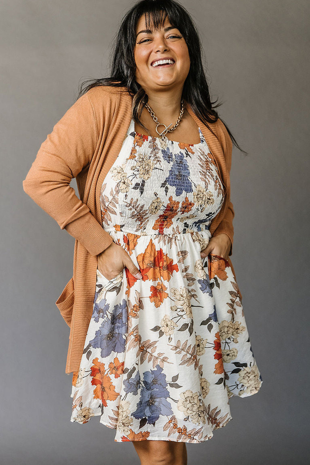 Floral Smocked Flared Plus Size Dress