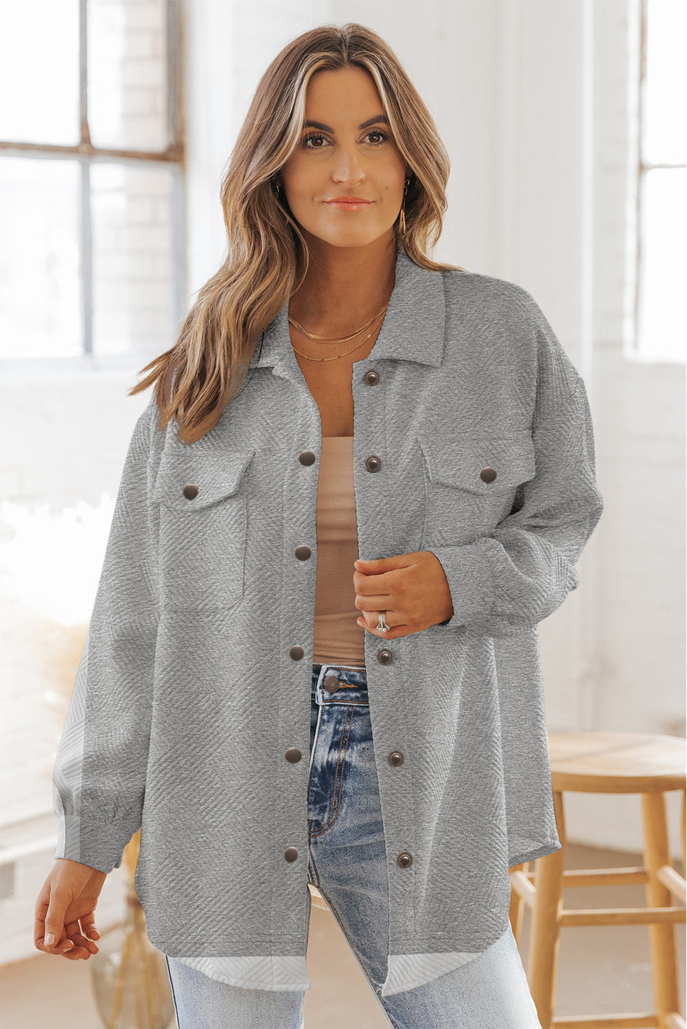 Gray Solid Textured Flap Pocket Buttoned Shacket