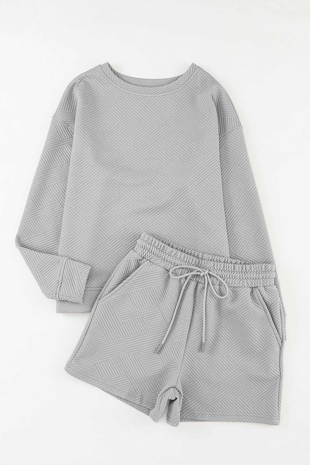 White Textured Long Sleeve Top and Drawstring Shorts Set