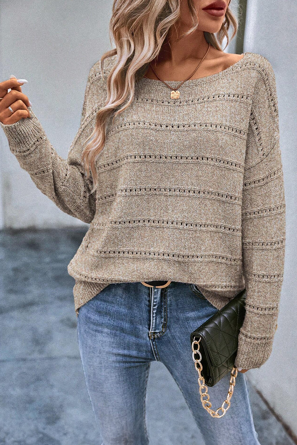 Boat Neck Drop Shoulder Pointelle Knit Sweater