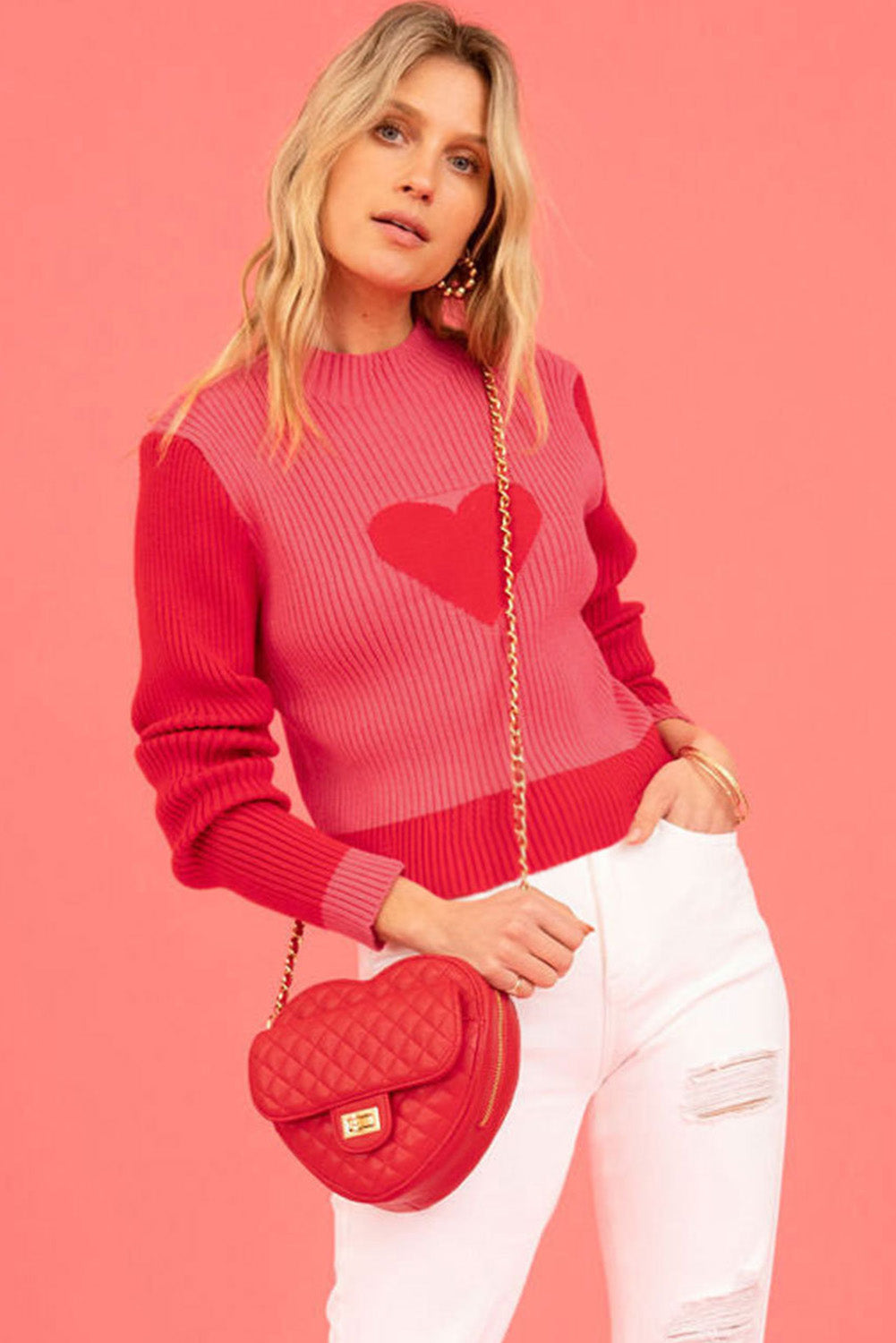 Black Mock Neck Colorblock Valentine Heart Ribbed Sweater