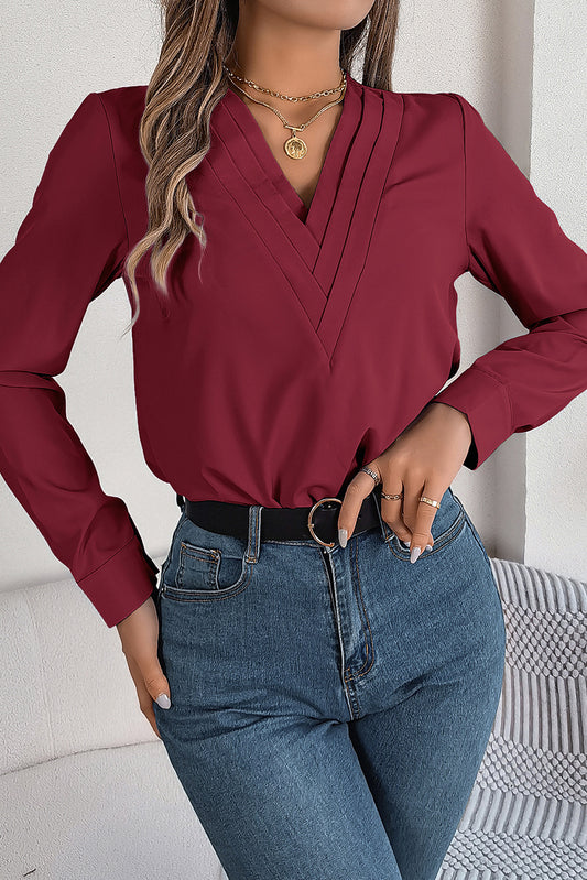 Red Dahlia Elegant V-Neck Pleated Blouse