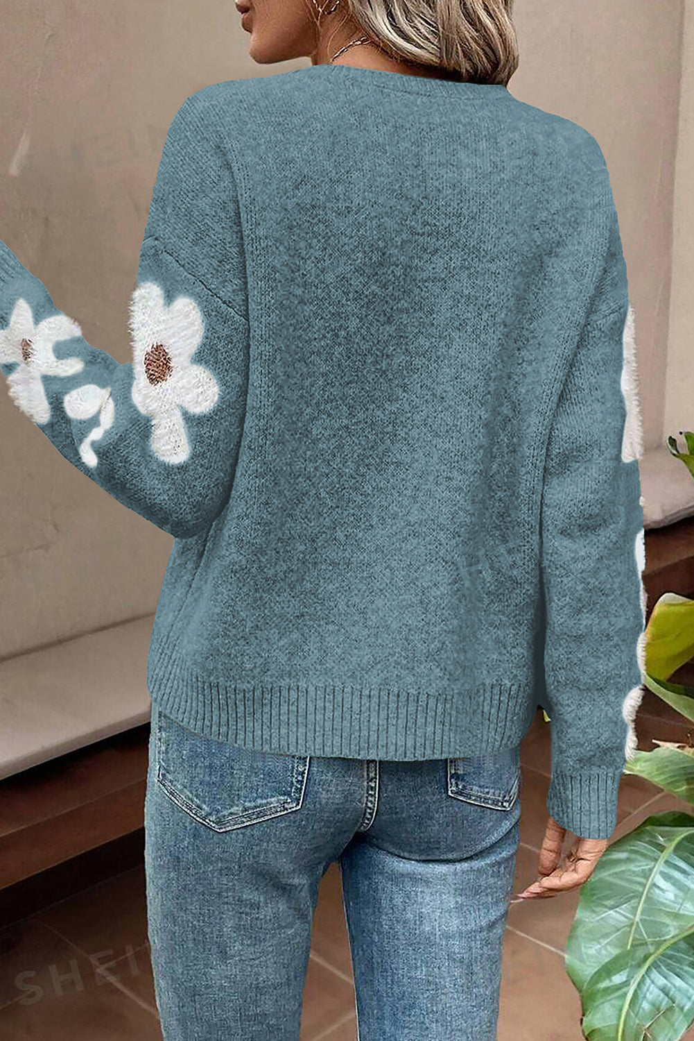 Flower Sleeve Drop Shoulder Sweater