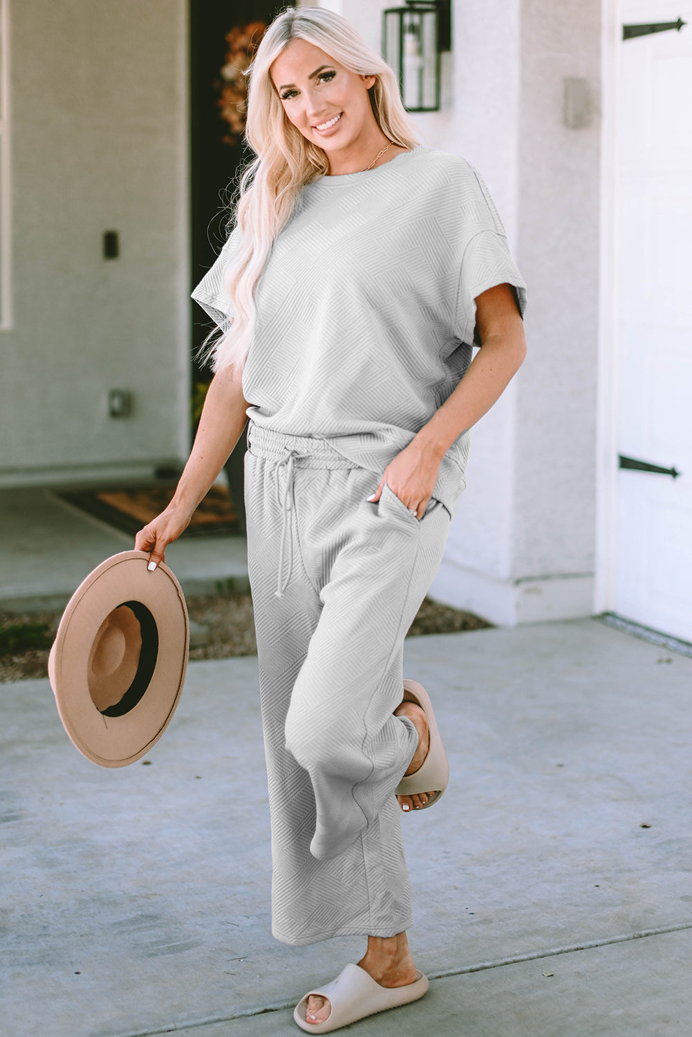 White Textured Long Sleeve Top and Drawstring Shorts Set