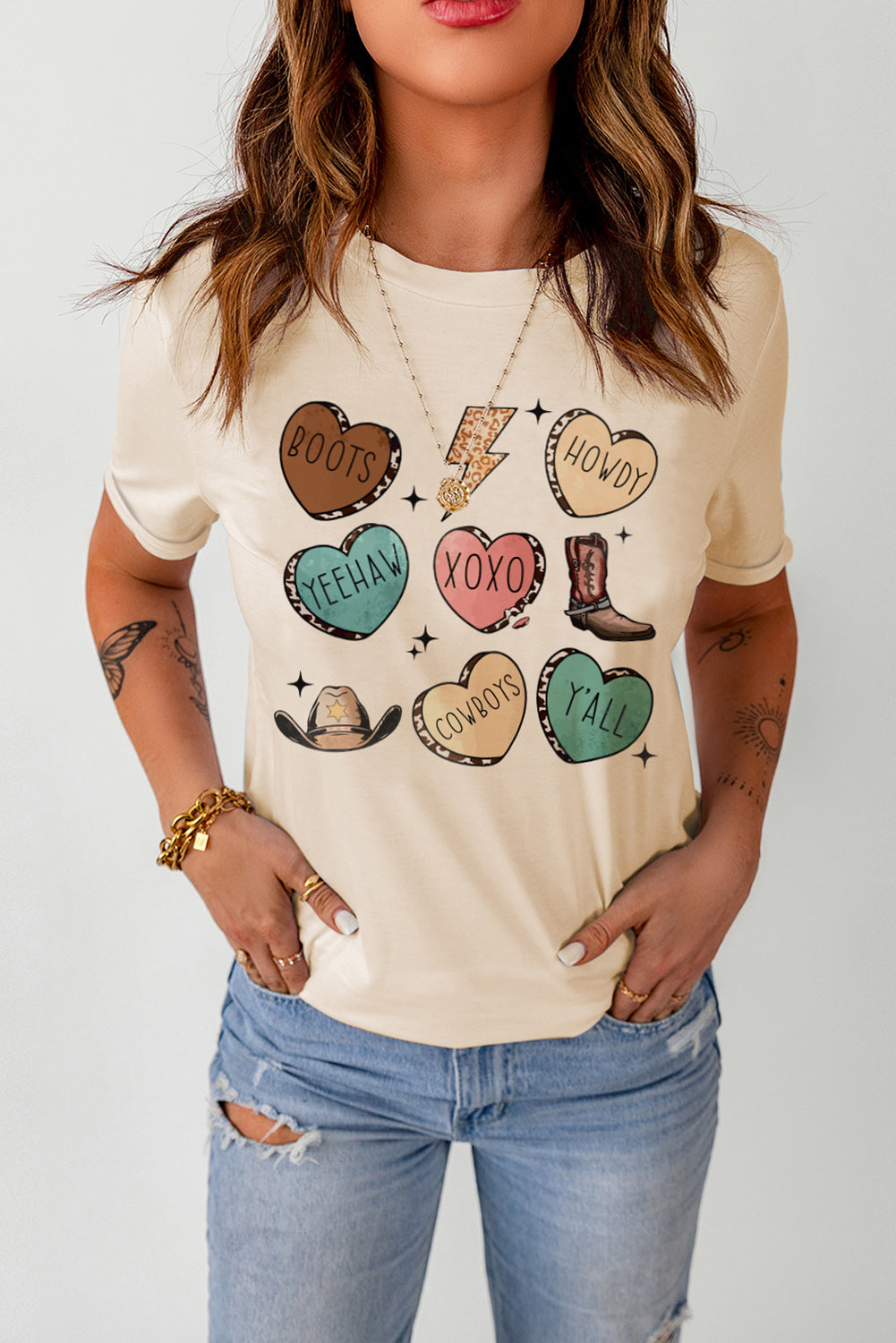 Khaki Sequined Leopard Love Heart Print Crew Neck T Shirt