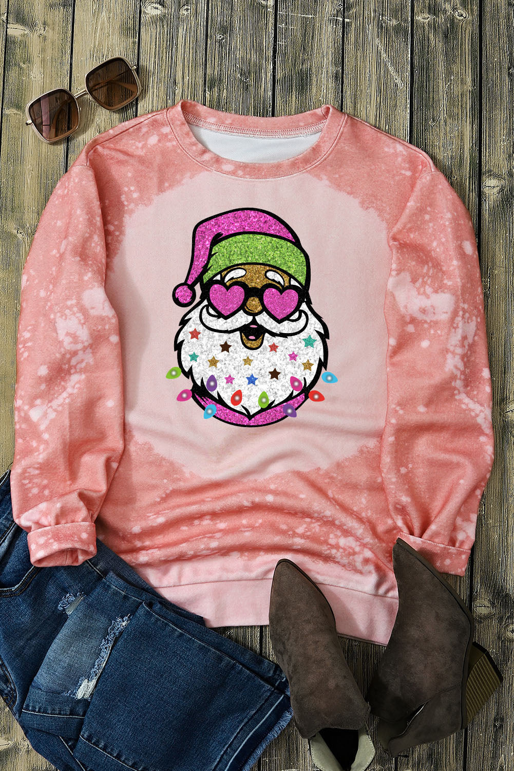 Pink Christmas Santa Claus Bleached Crewneck Graphic Sweatshirt