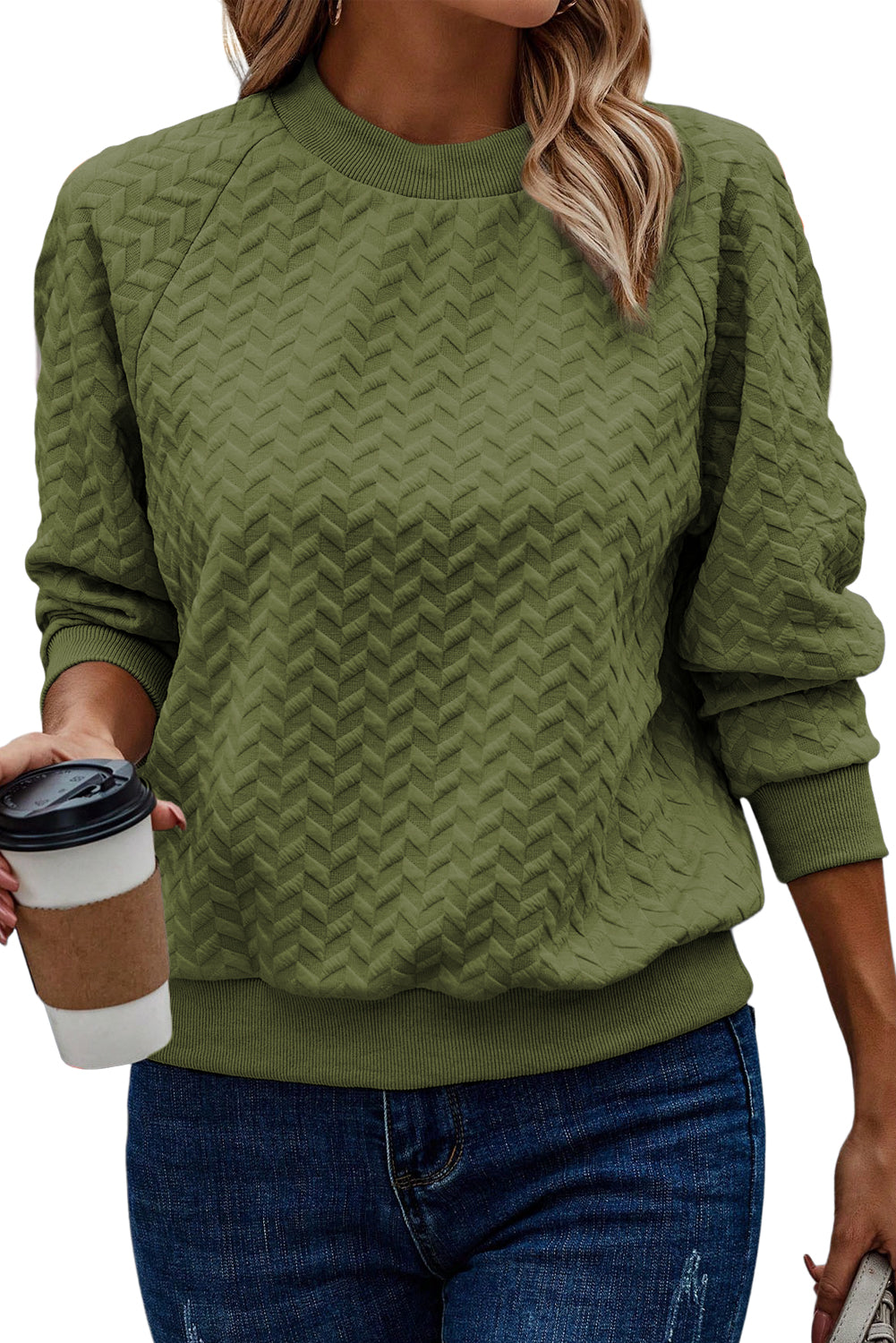 Solid Color Textured Raglan Sleeve Pullover Sweatshirt