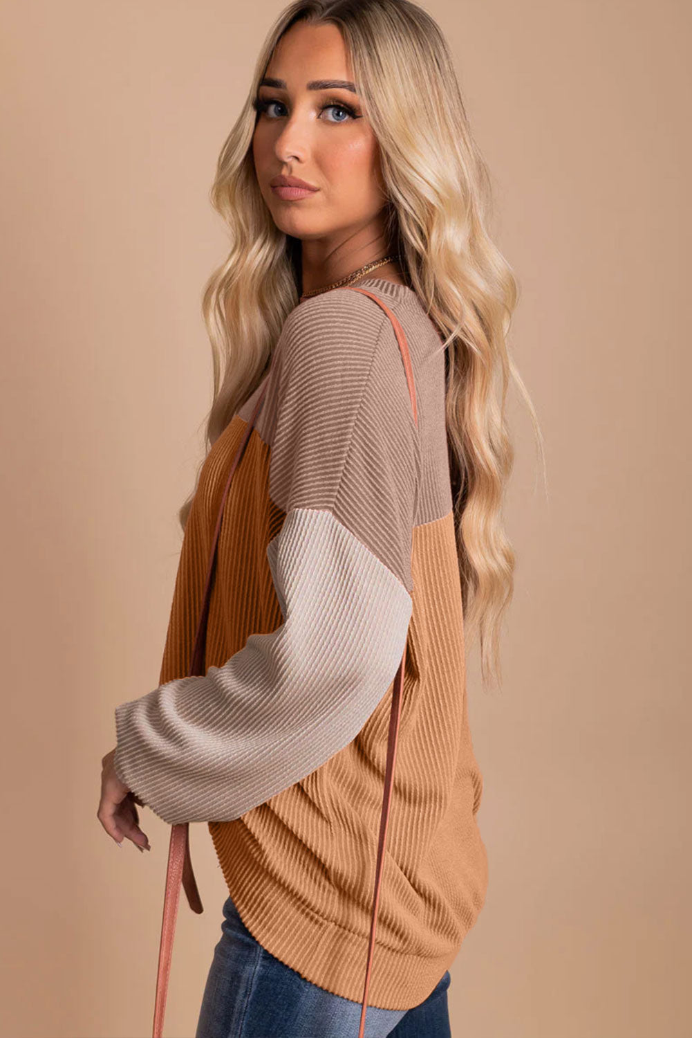 Green Color Block Long Sleeve Ribbed Loose Top