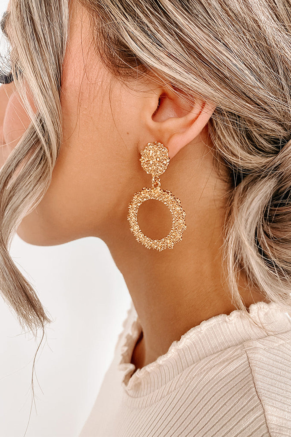 Gold Glittering Circle Dangle Earrings