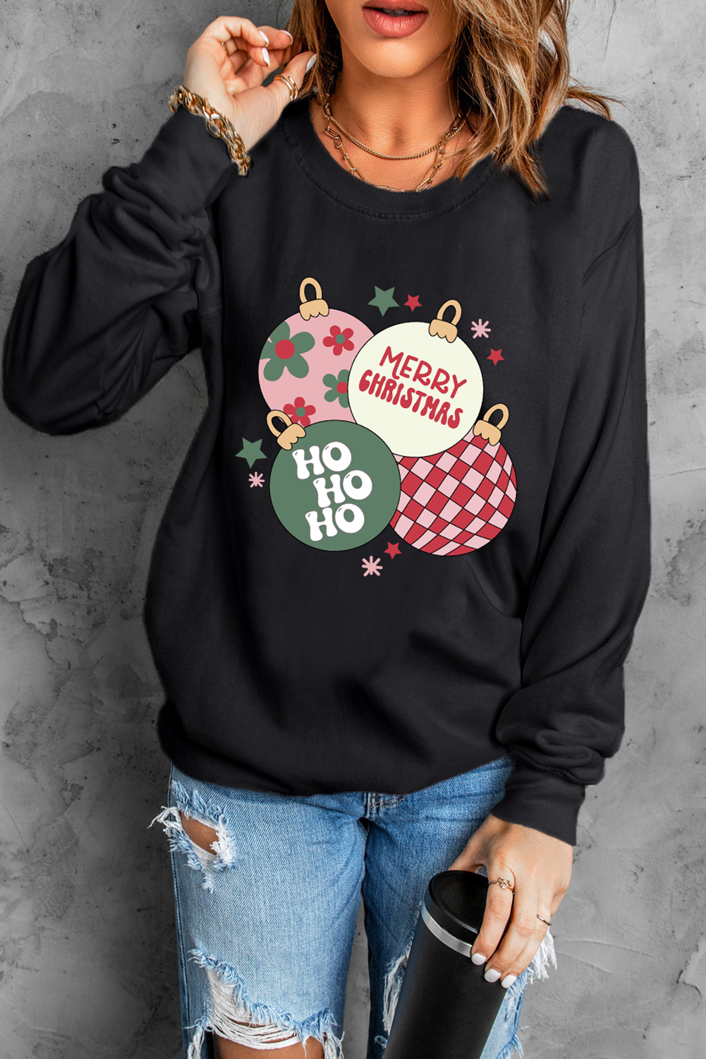 Black MERRY CHRISTMAS Graphic Round Neck Sweatshirt