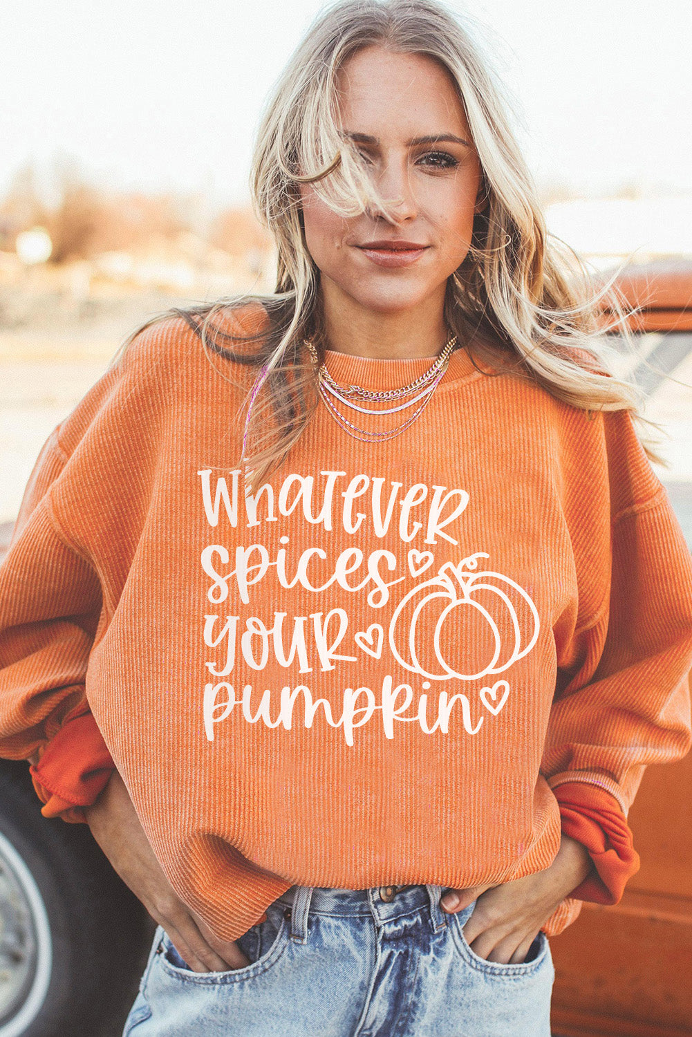 Pumpkin Letter Print Oversized Crinkle Rib Sweatshirt