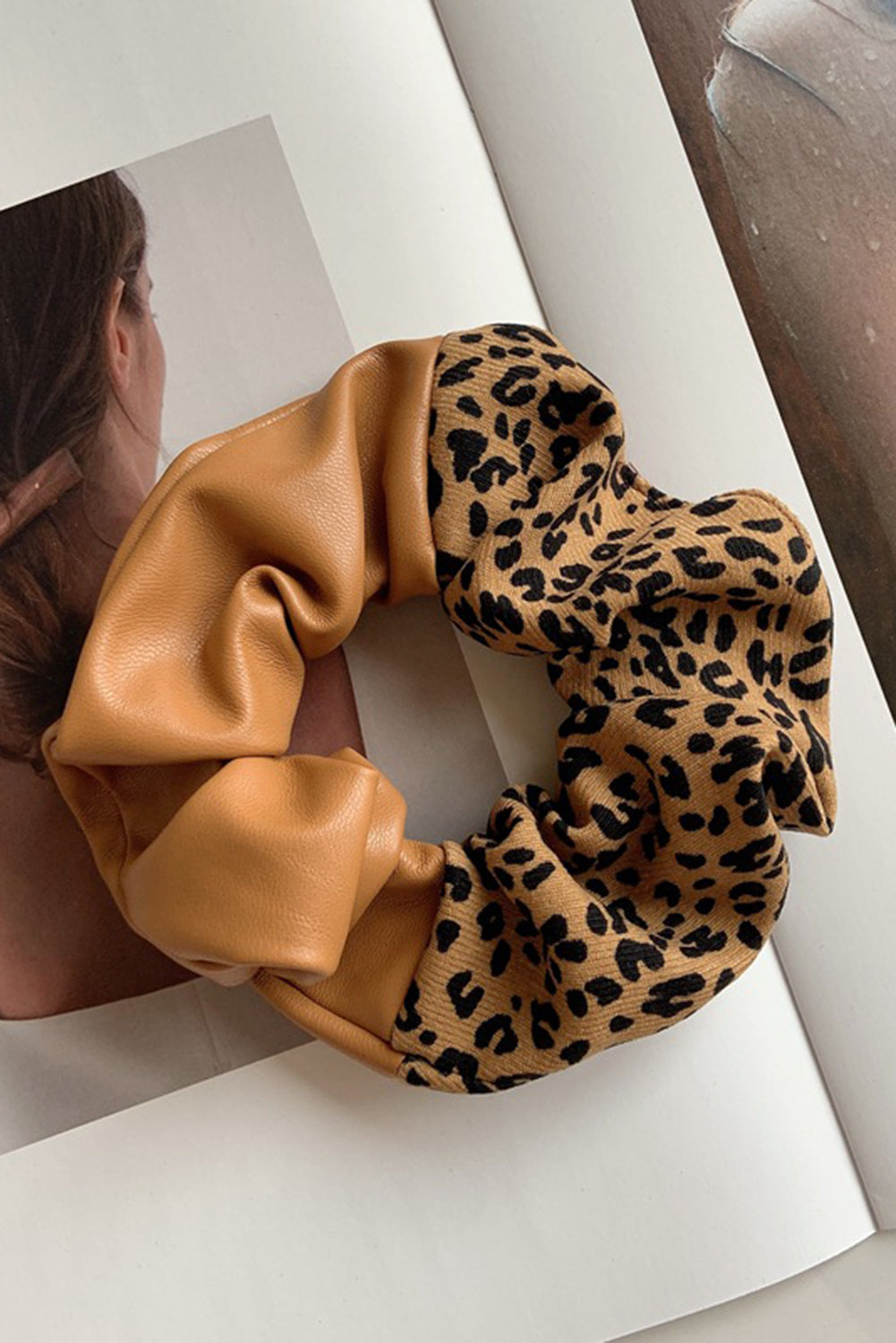 Brown PU Leather Leopard Patchwork Hair Tie