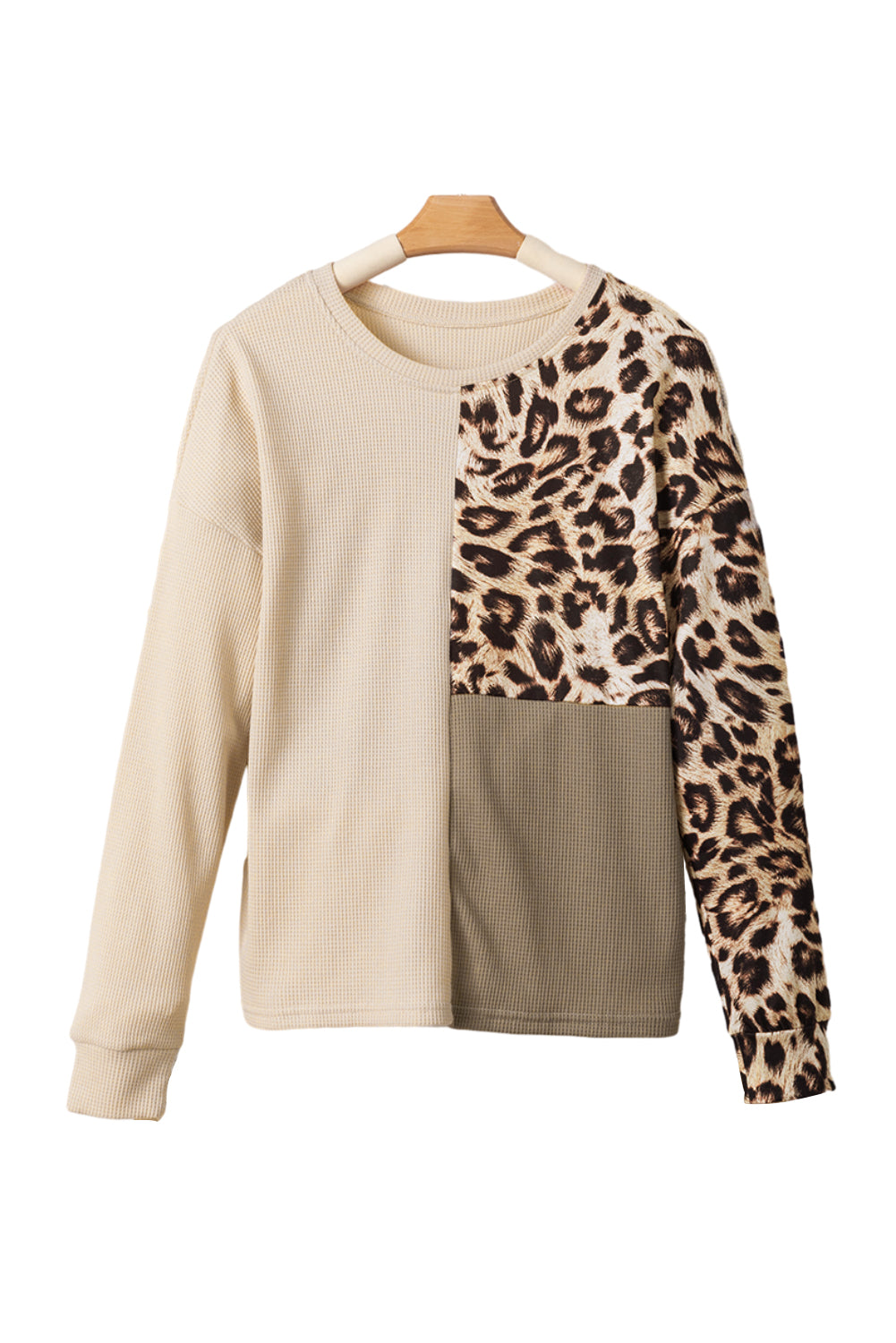 Casual Waffle Knit Leopard Contrast Long Sleeve Top