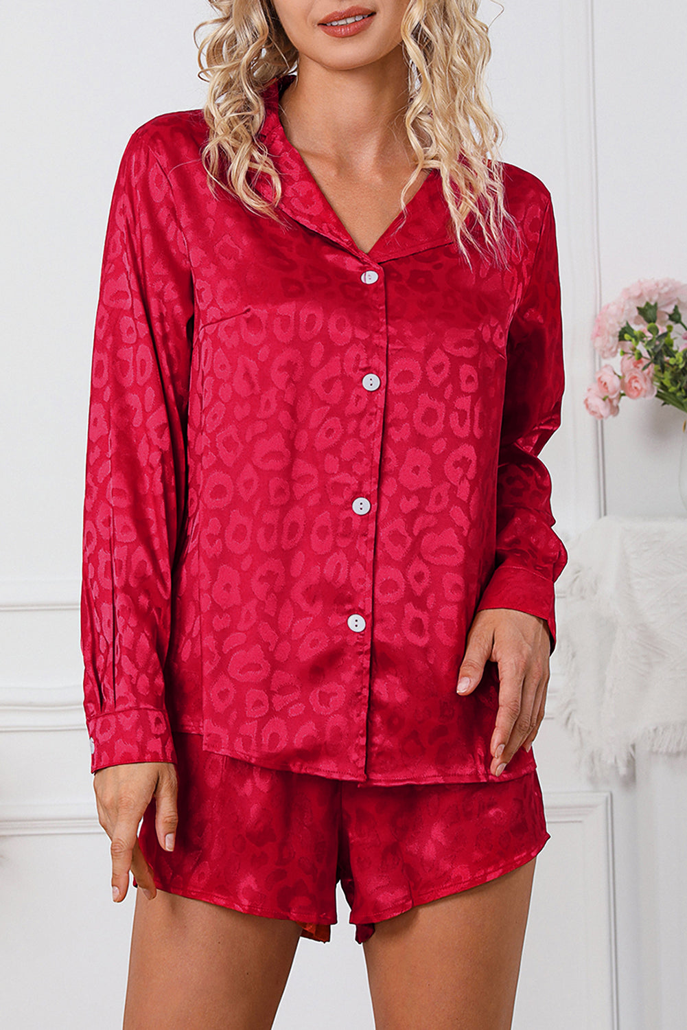 Fiery Red 2pcs Satin Leopard Long Sleeve Top and Shorts Lounge Set
