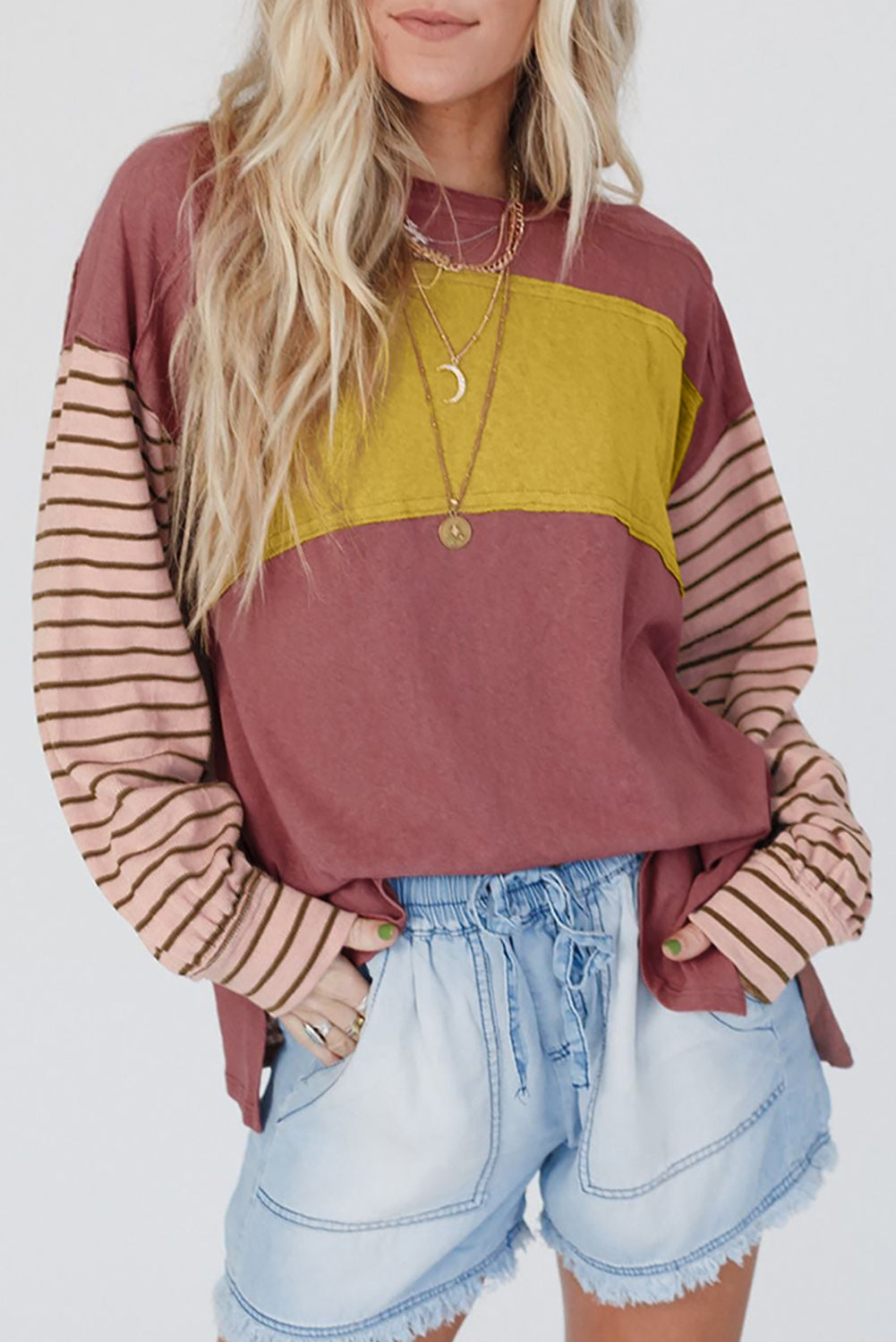 Colorblock Striped Bishop Sleeve Top