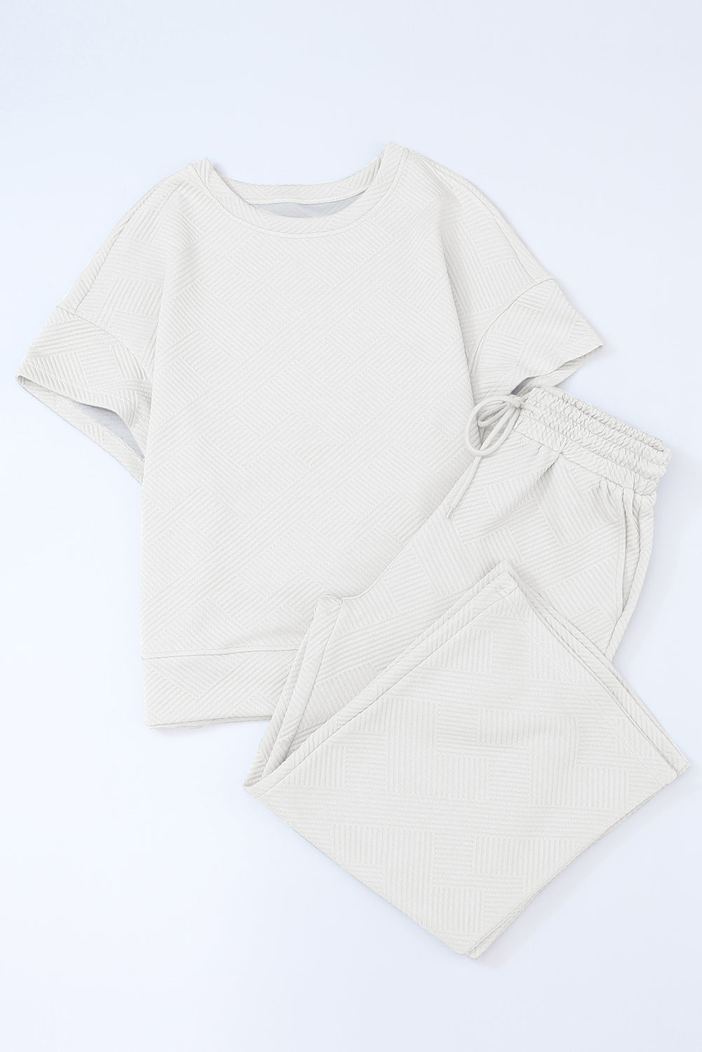 White Textured Long Sleeve Top and Drawstring Shorts Set