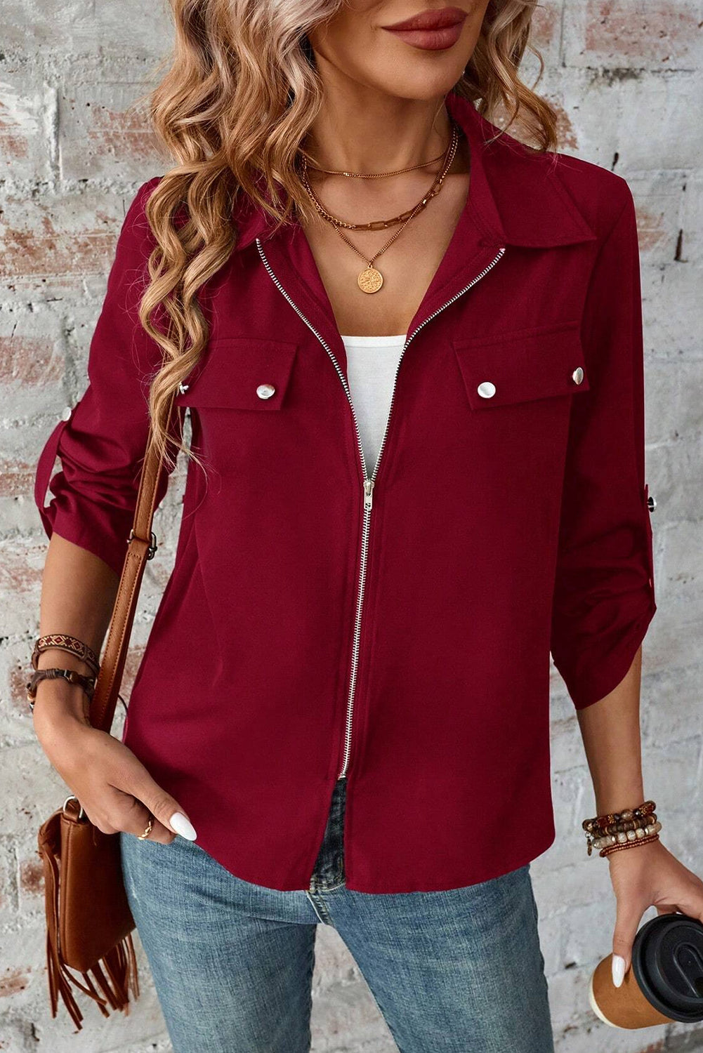 Collar Tab Sleeve Zip Up Jacket