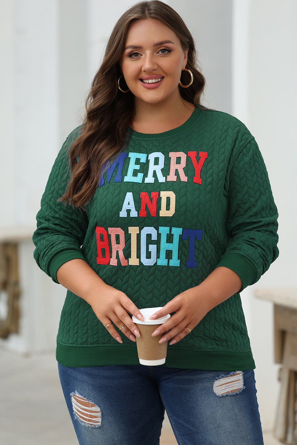 Merry And Bright Cable Knit Pullover Sweatshirt