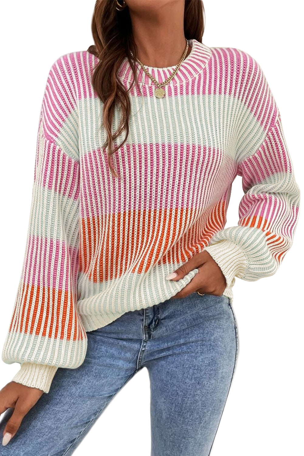 Colorblock Lantern Sleeve Rib Knitted Sweater