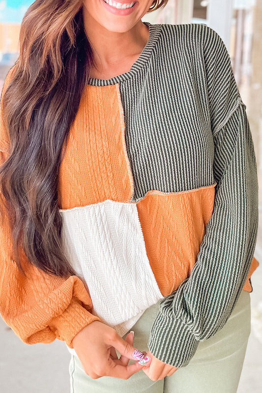 Textured Stripe Patchwork Long Sleeve Top