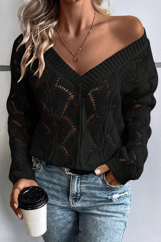 Knit Hollow Out V Neck Drop Shoulder Sweater