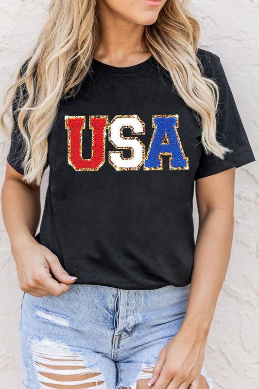 Black Casual USA Letter Print Graphic Tee