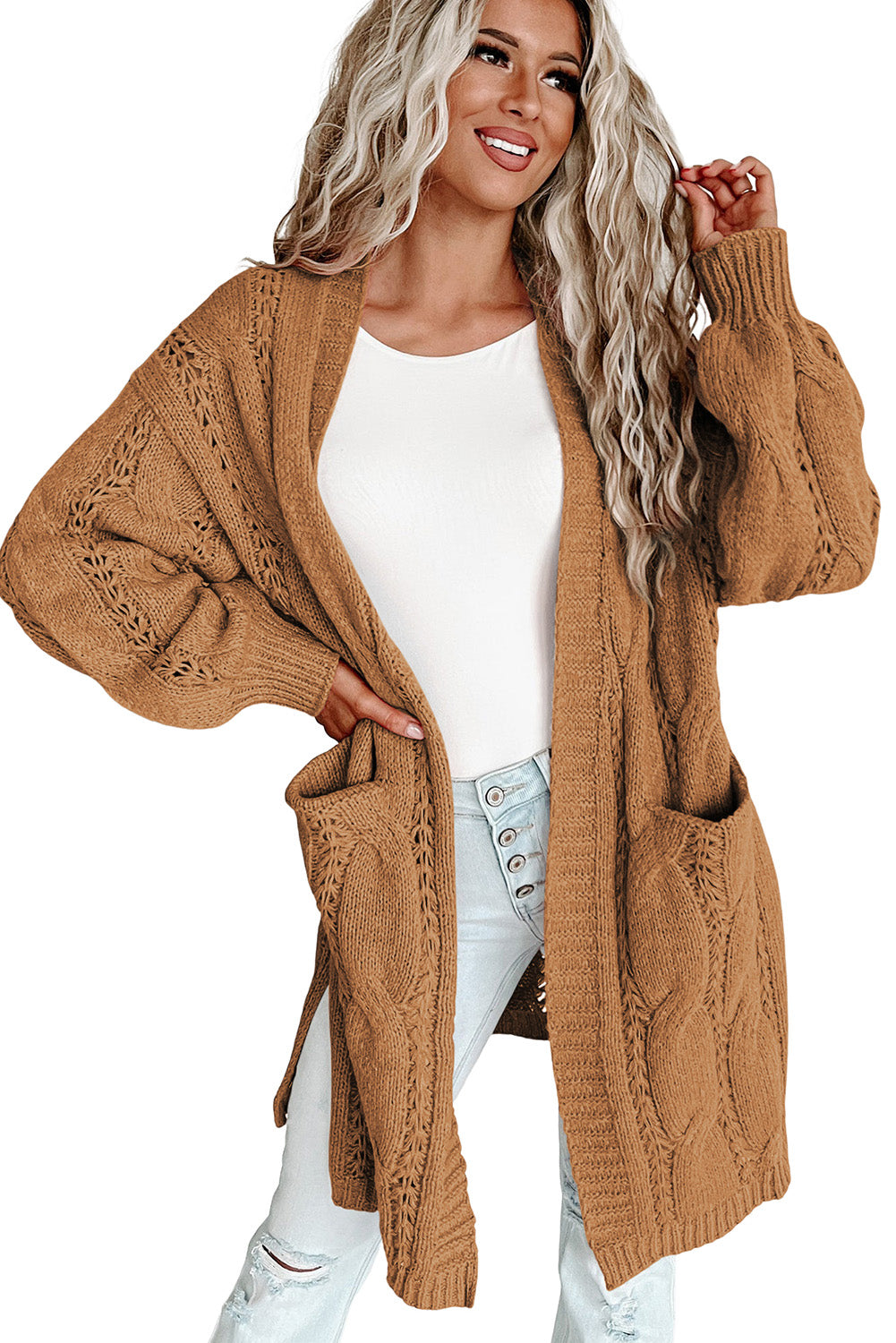 Ribbed Trim Eyelet Cable Knit Cardigan