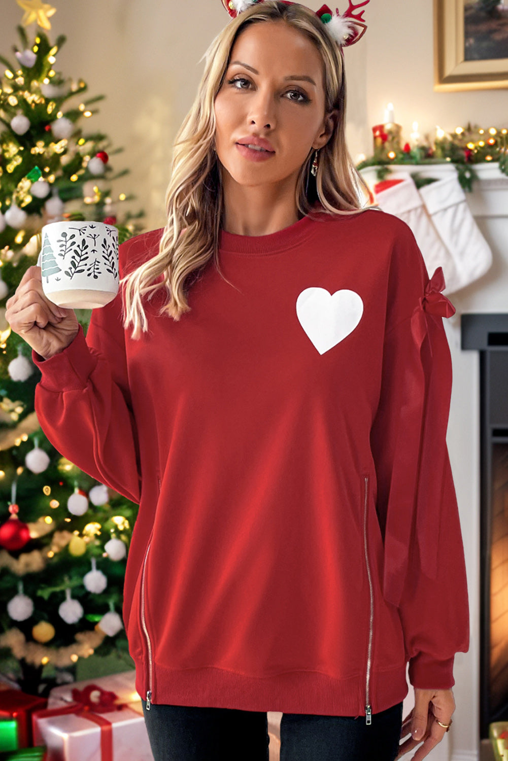 Red Colorblock Heart Print Bow Decor Sweatshirt