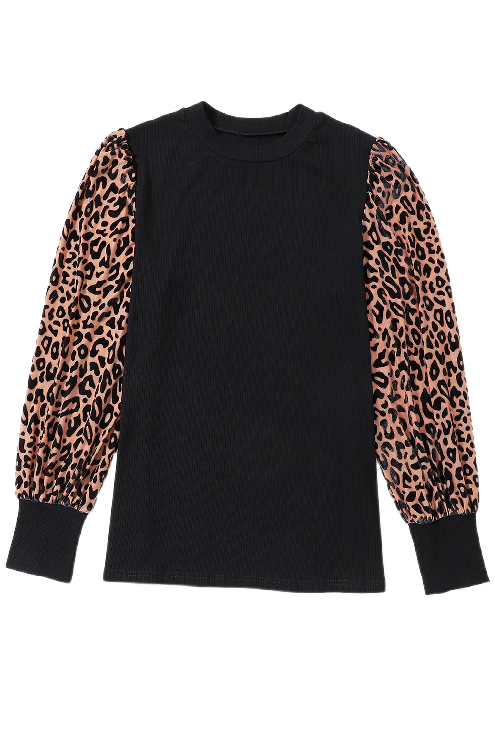 Black Leopard Print Long Sleeve Ribbed Knit Blouse