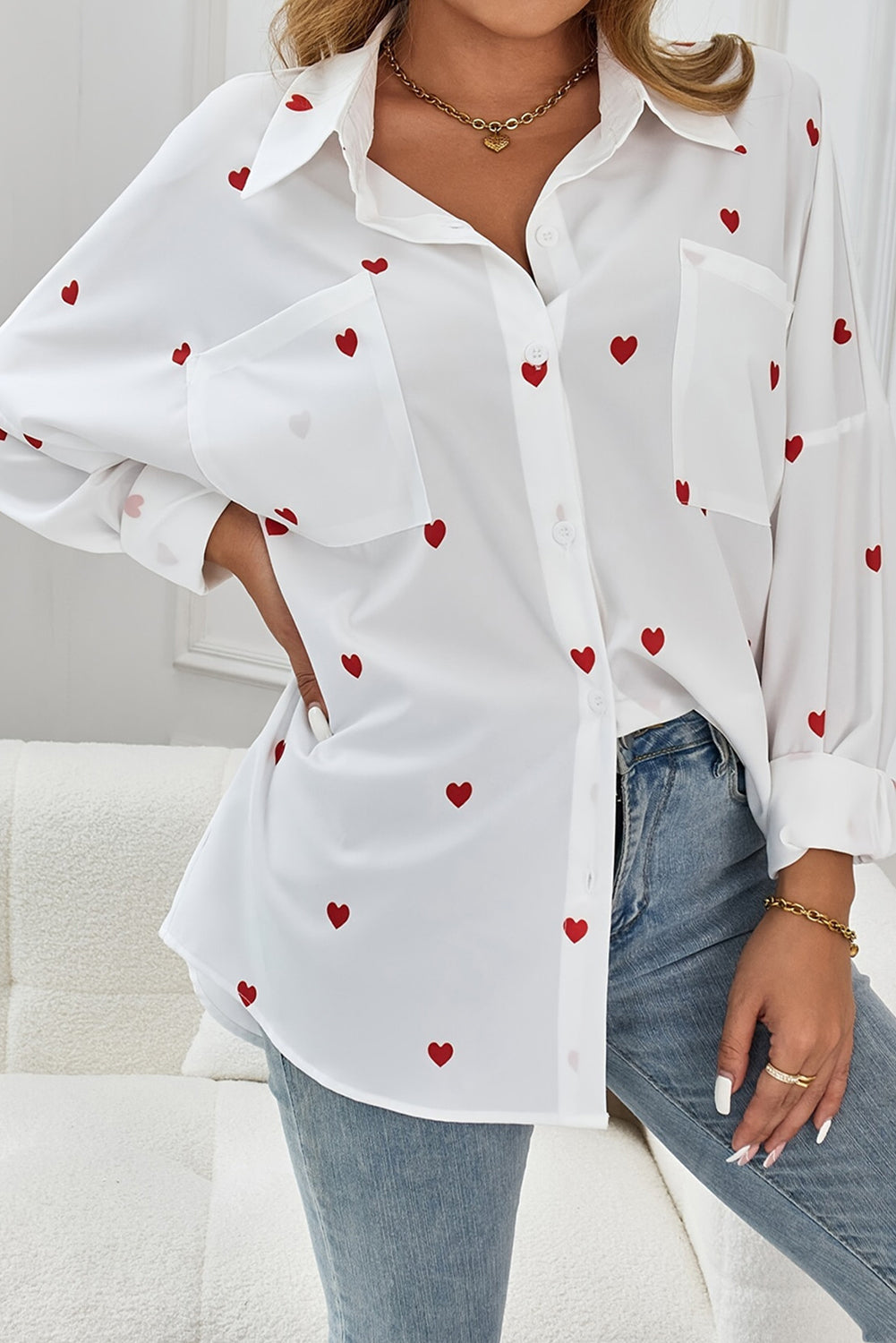 White Valentine Heart Print Button-Up Shirt