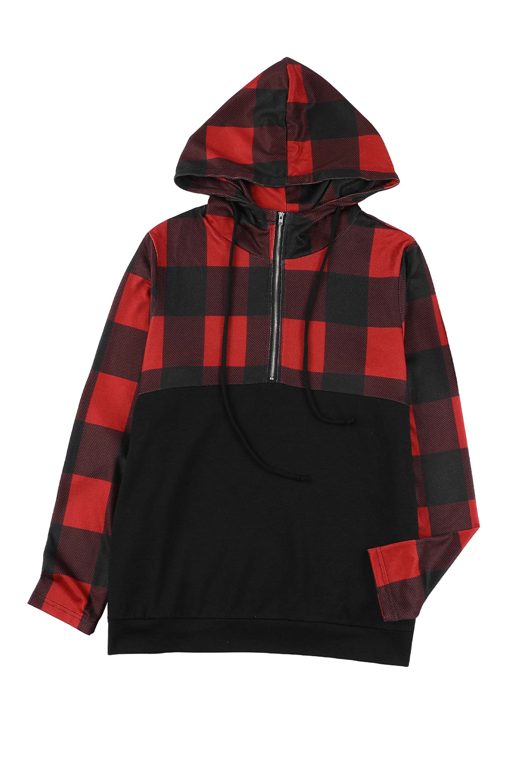 Black Contrast Buffalo Plaid Zip Pullover Hooded Top