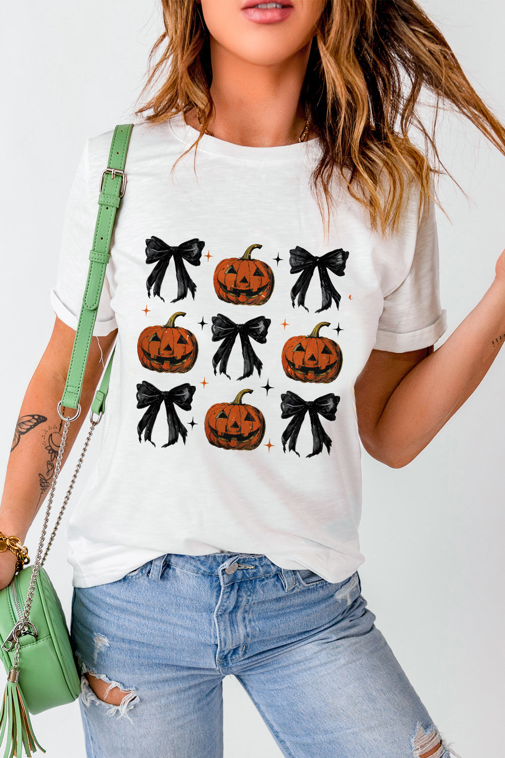 Halloween Pumpkin Face Bowknot Graphic T Shirt