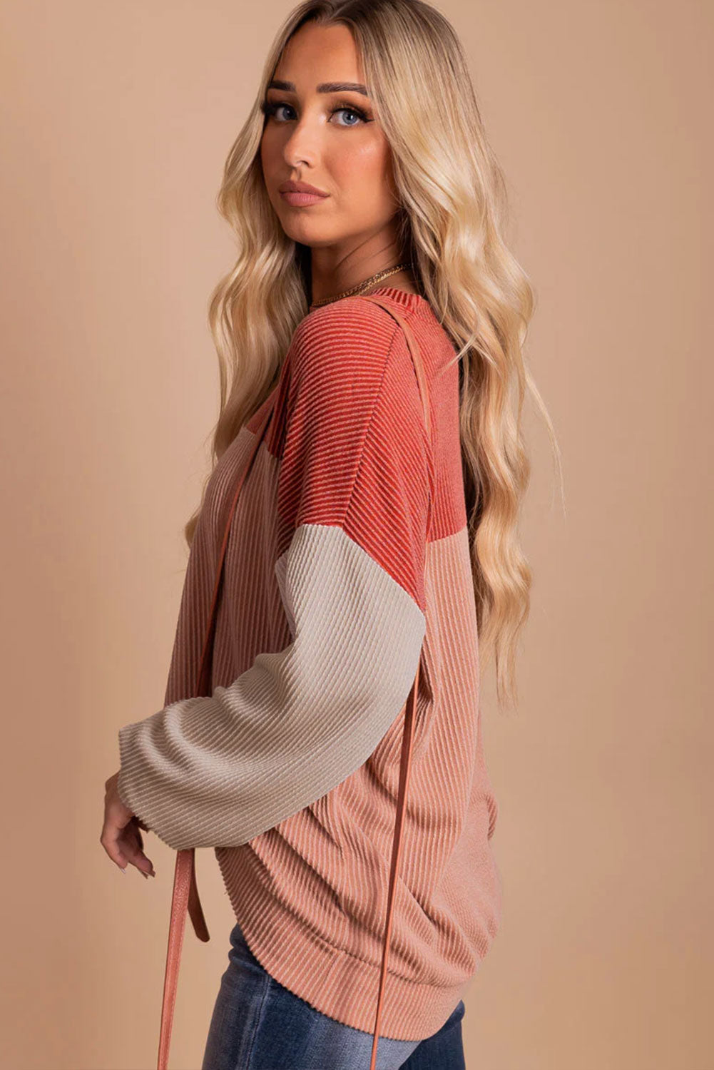 Ribbed Color Block Long Sleeve Top