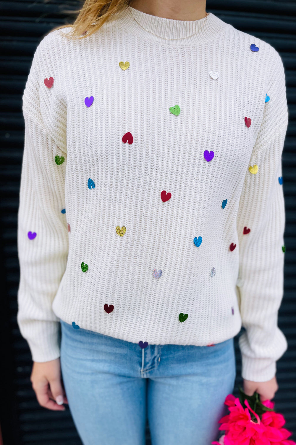 Sequin Heart Pattern Round Neck Knit Sweater