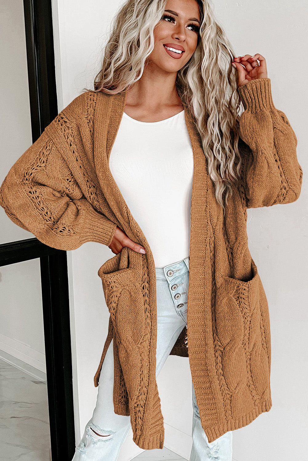 Ribbed Trim Eyelet Cable Knit Cardigan