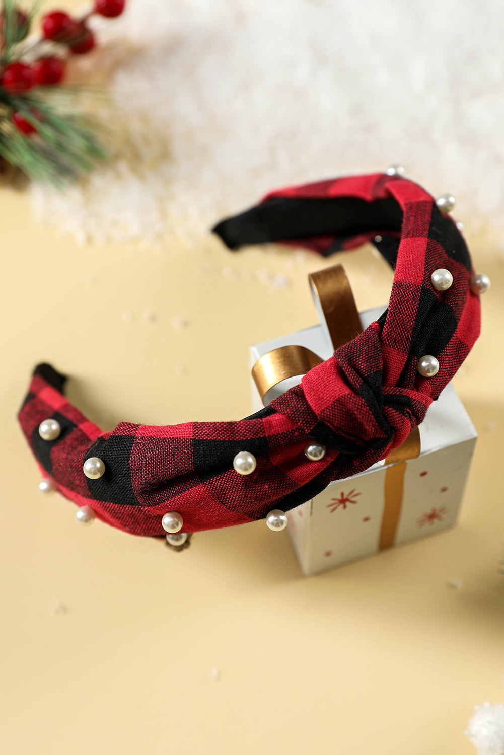 Red Dahlia Plaid Knotted Pearl Headband