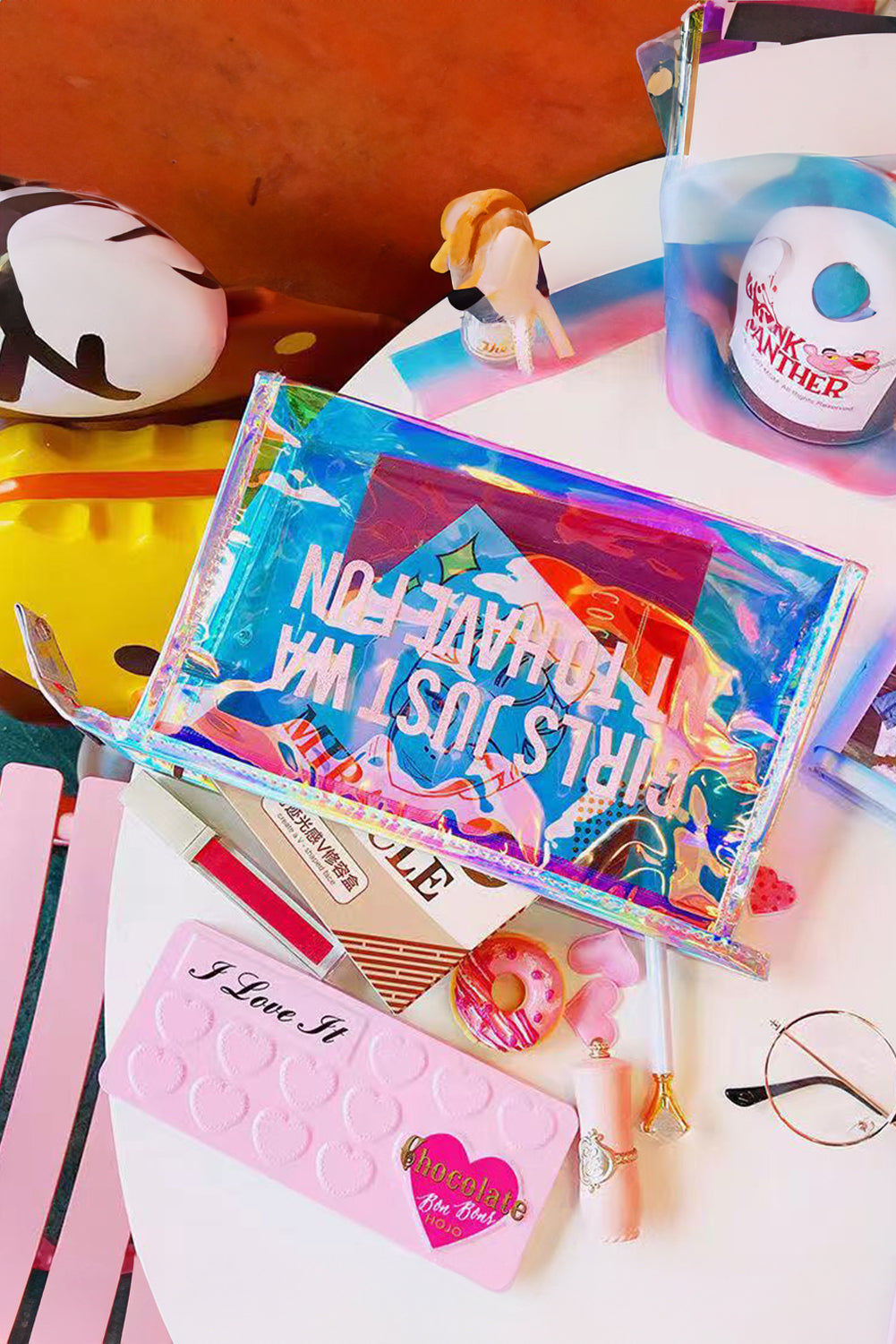 GIRLS JUST WANT TO HAVE FUN Print Clear Clutch