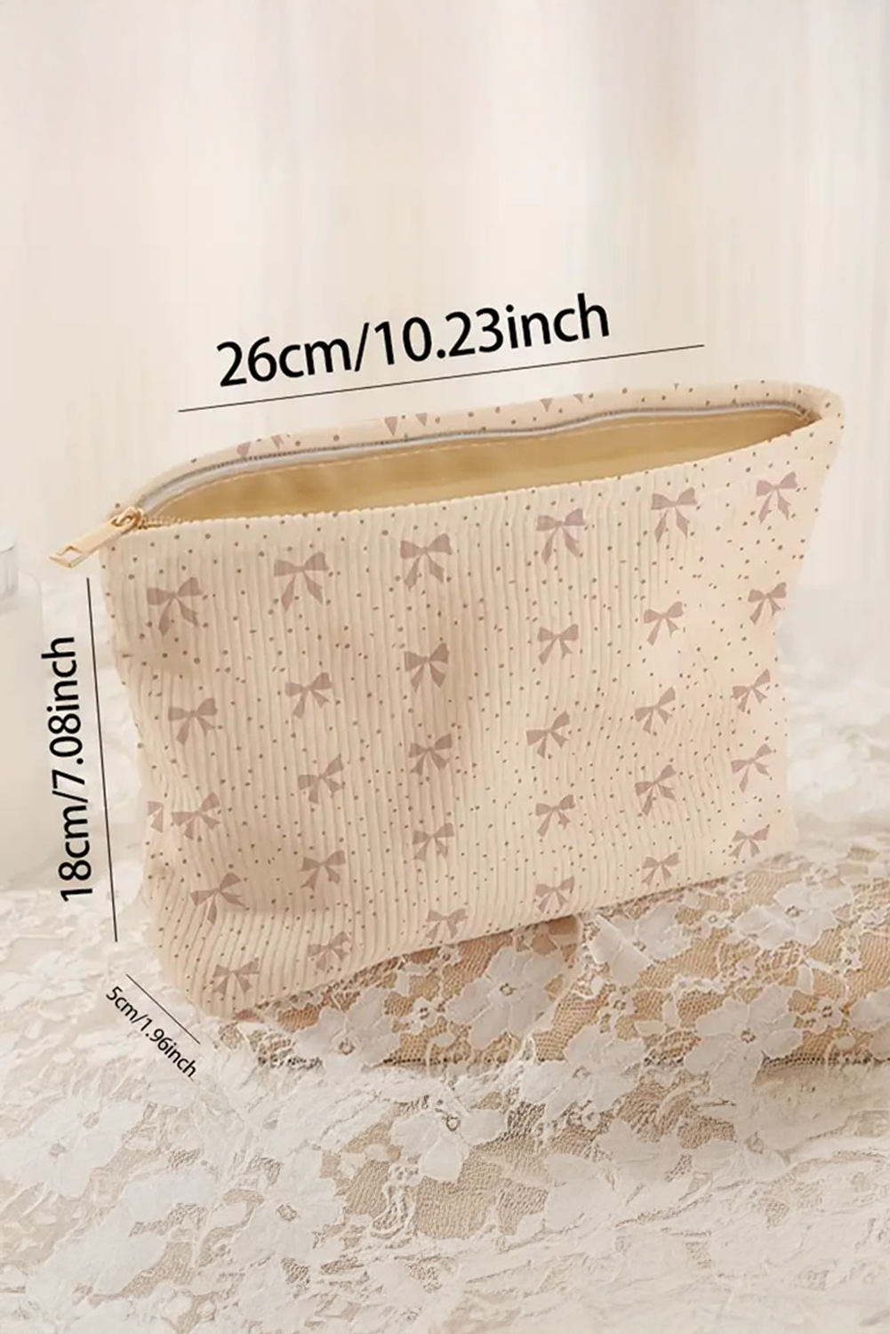 Parchment Bow Zipper Corduroy Makeup Bag