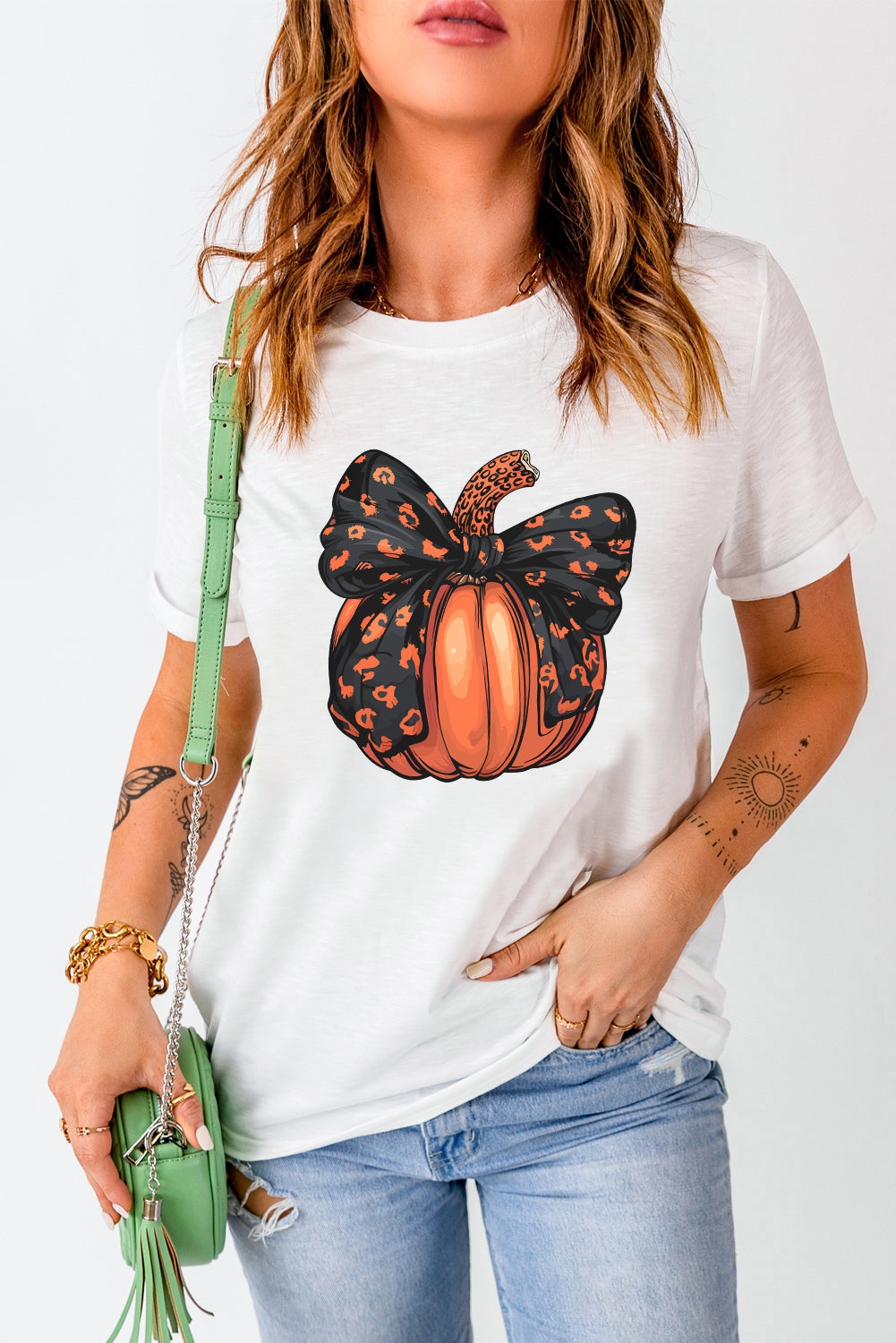 Halloween Bowknot Pumpkin Graphic Crewneck T Shirt