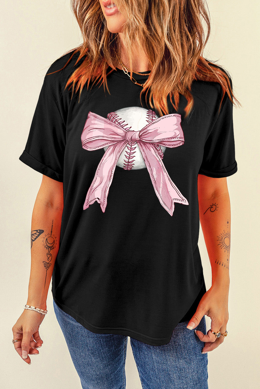 Black Baseball Bow Knot Graphic Crew Neck T Shirt