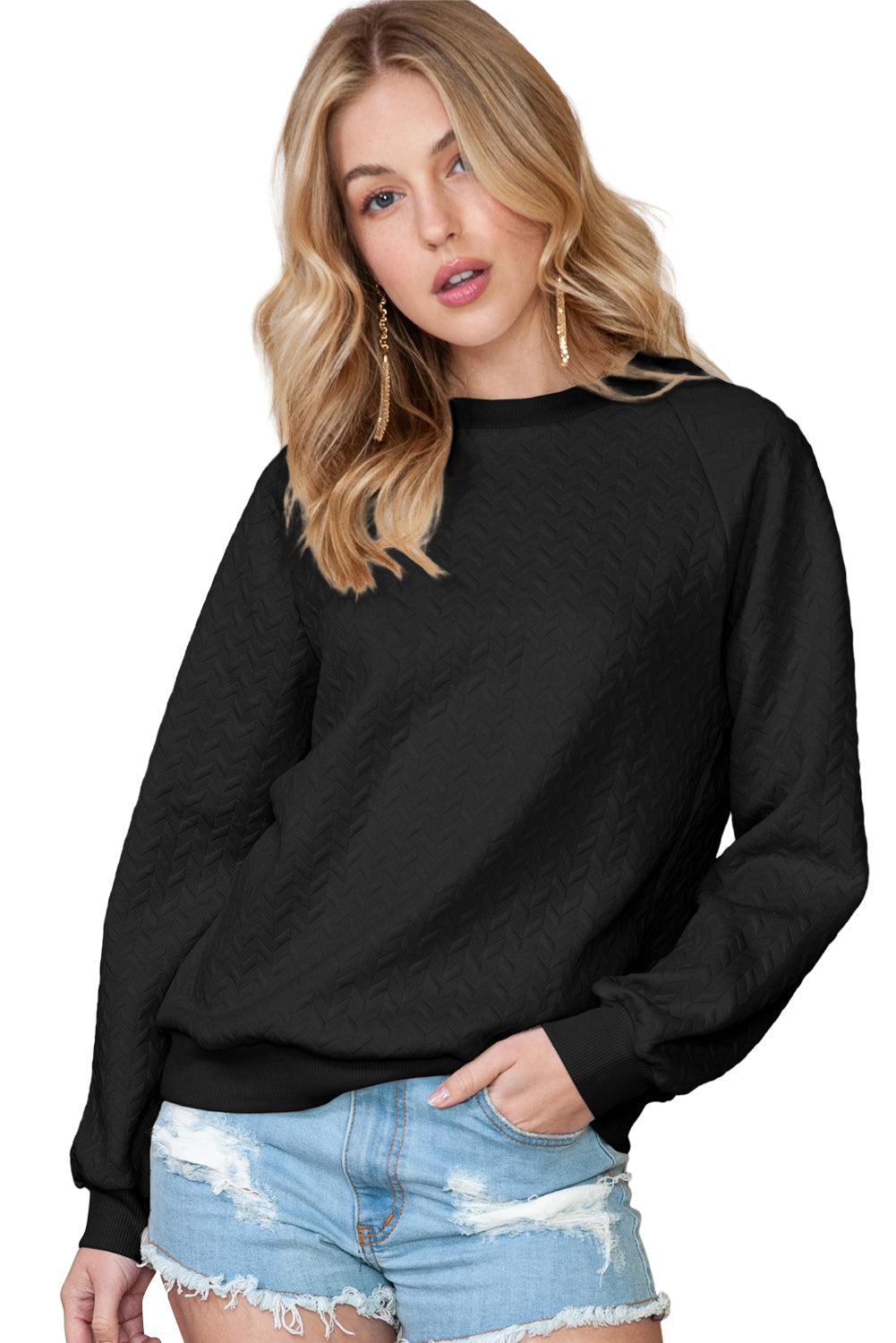 Solid Color Textured Raglan Sleeve Pullover Sweatshirt