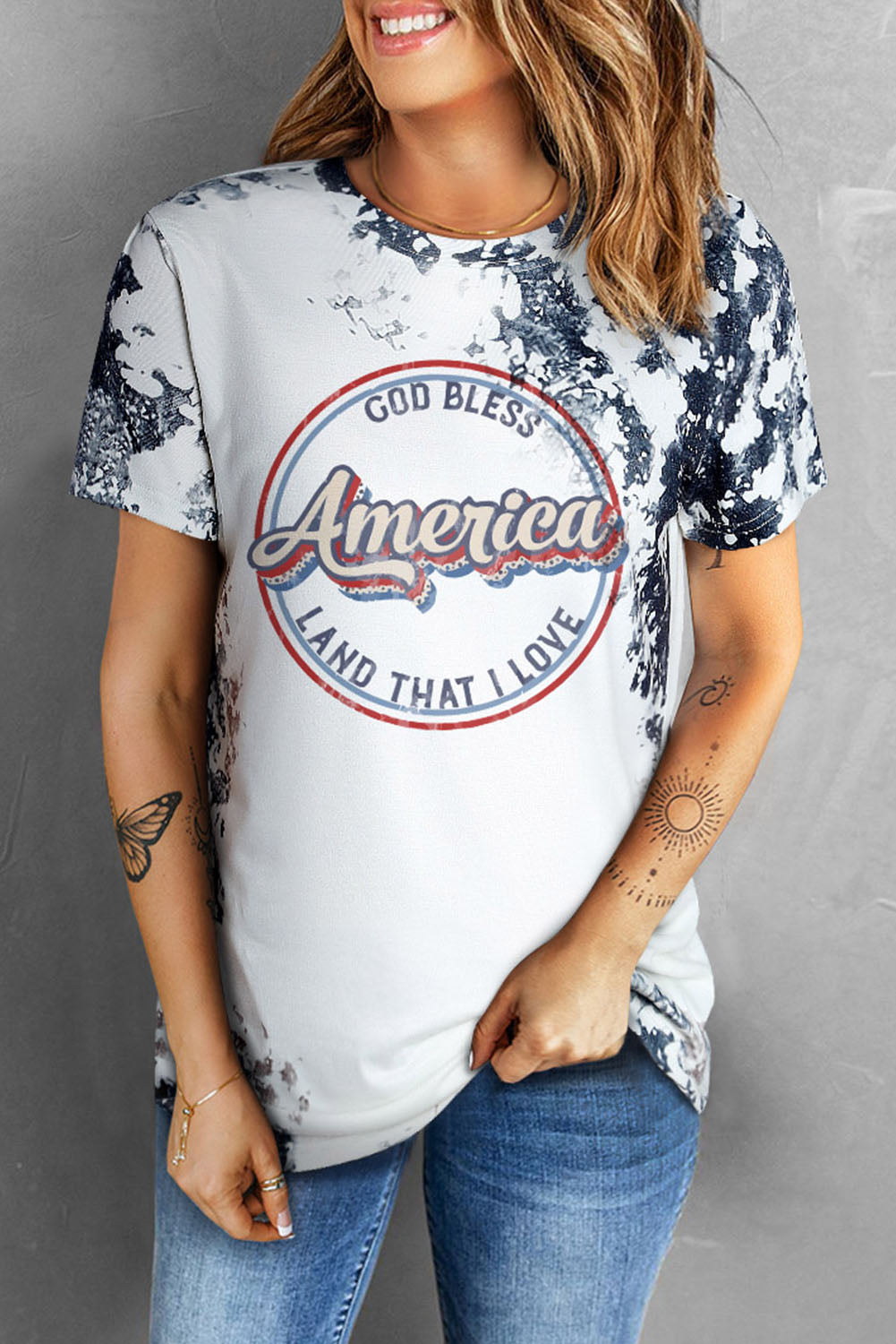Gray America Slogan Tie Dye Print T Shirt