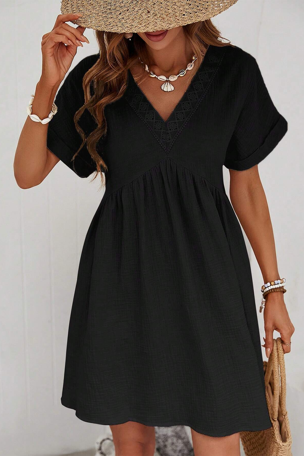 Folded Short Sleeve Lace V Neck Mini Dress