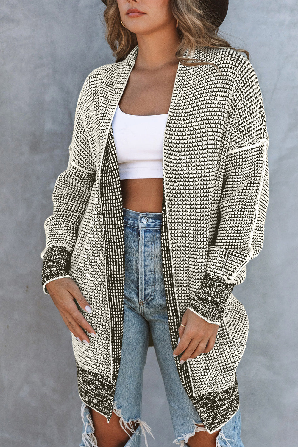 Plaid Casual Contrast Trim Knit Cardigan