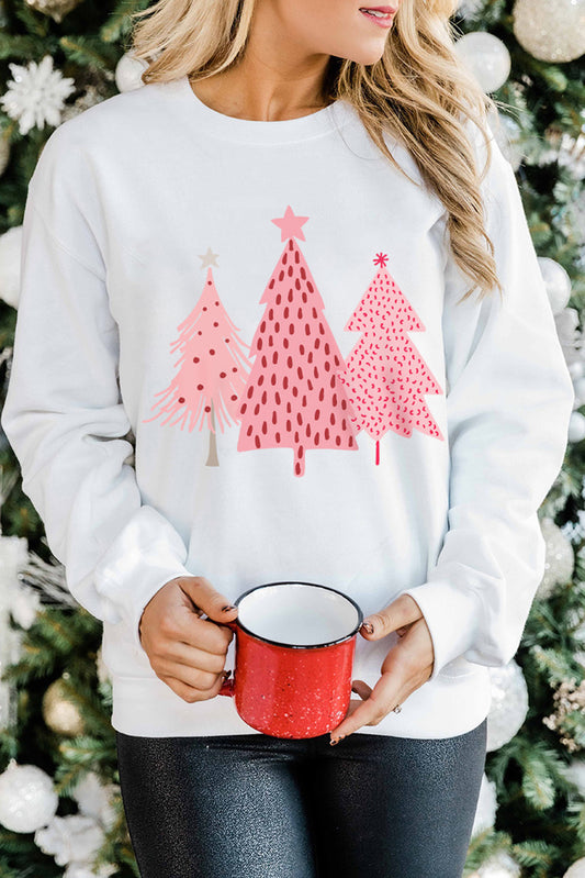 White Christmas Tree Dots Print Graphic Pullover Sweatshirt